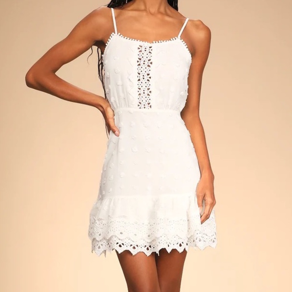 Lulus Non-Stop Frills White Lace Swiss Dot Mini Dress